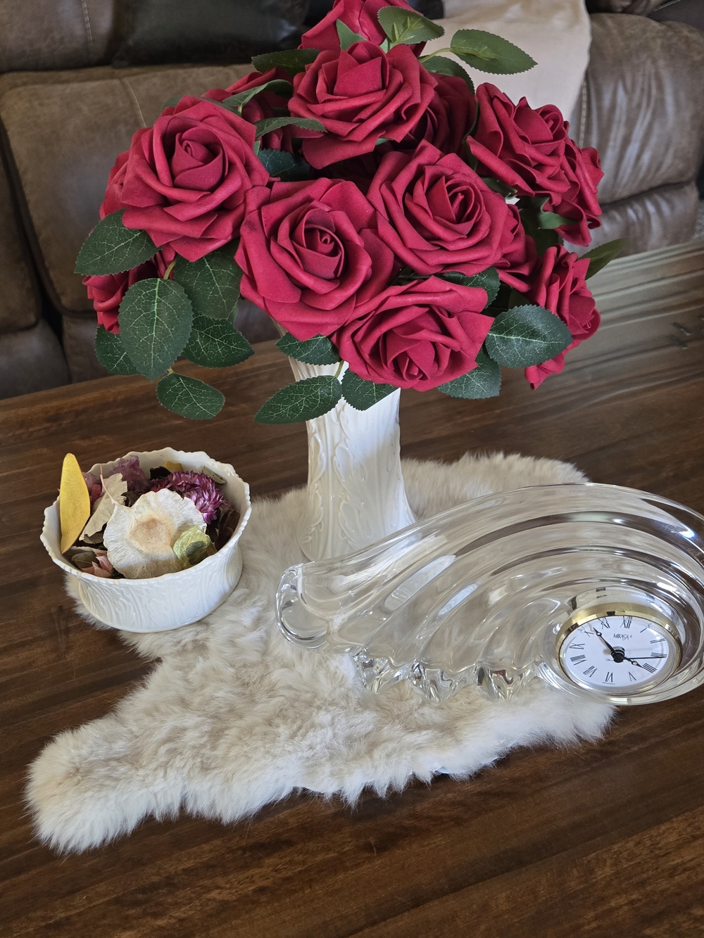 Vintage Mikasa Clock And Lenox Woodland Ivory Porcelain Vase And Potpourri  Bowl